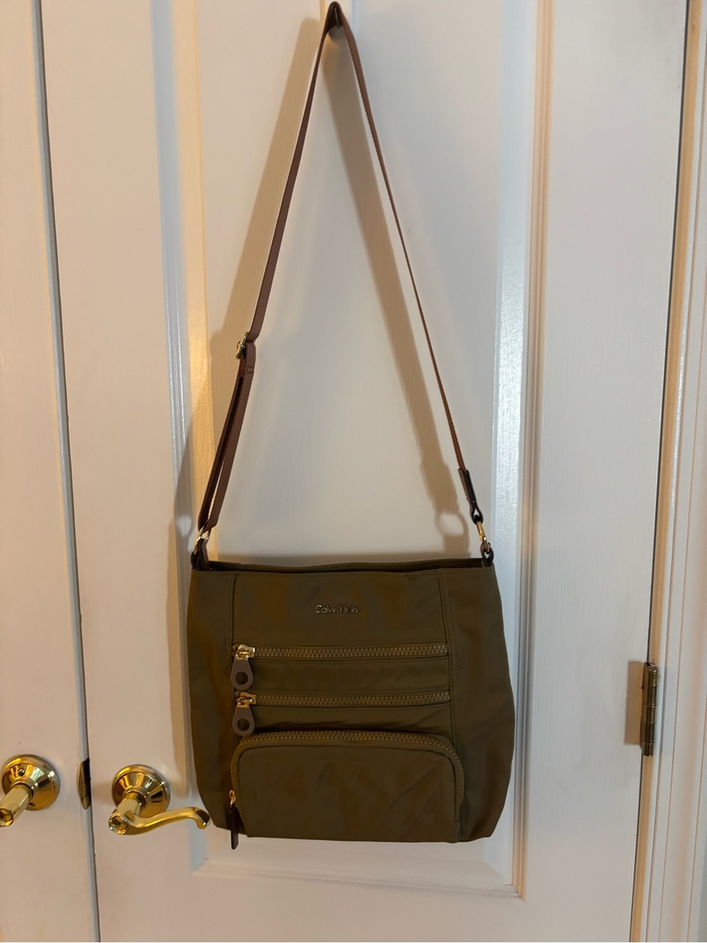 Calvin Klein Olive Green Messenger/Crossbody Bag with a Tan Strap